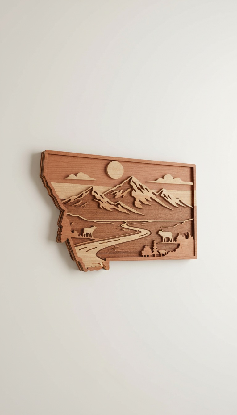Cherry Wood Wall Art With Montana Motif